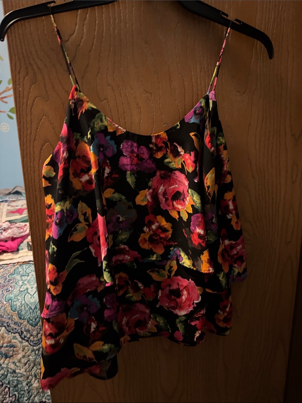 Paper Crane Black Floral Satin Cami with Multicolor Blooms